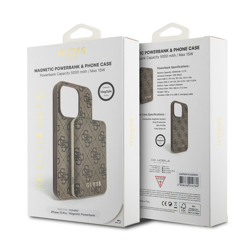Funda MagSafe para Apple iPhone 15 Pro, Guess, Powerbank 4G Metal Logo, Marrón