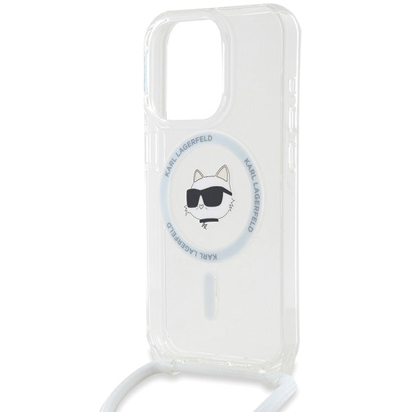 Funda MagSafe para Apple iPhone 15 Pro, Karl Lagerfeld, IML Crossbody Choupette's Head with Strap, Transparente