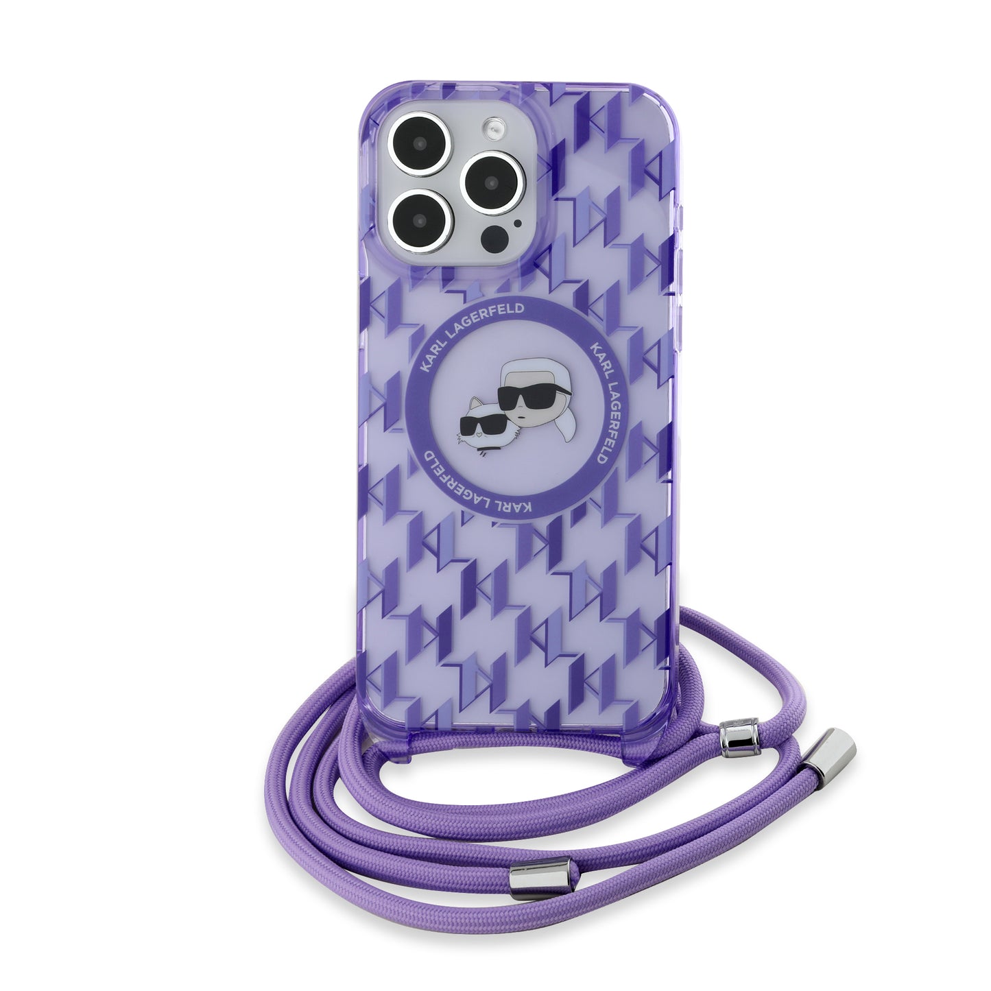 Funda MagSafe para Apple iPhone 15 Pro, Karl Lagerfeld, IML Crossbody Monogram Karl & Choupette's Heads, Morado