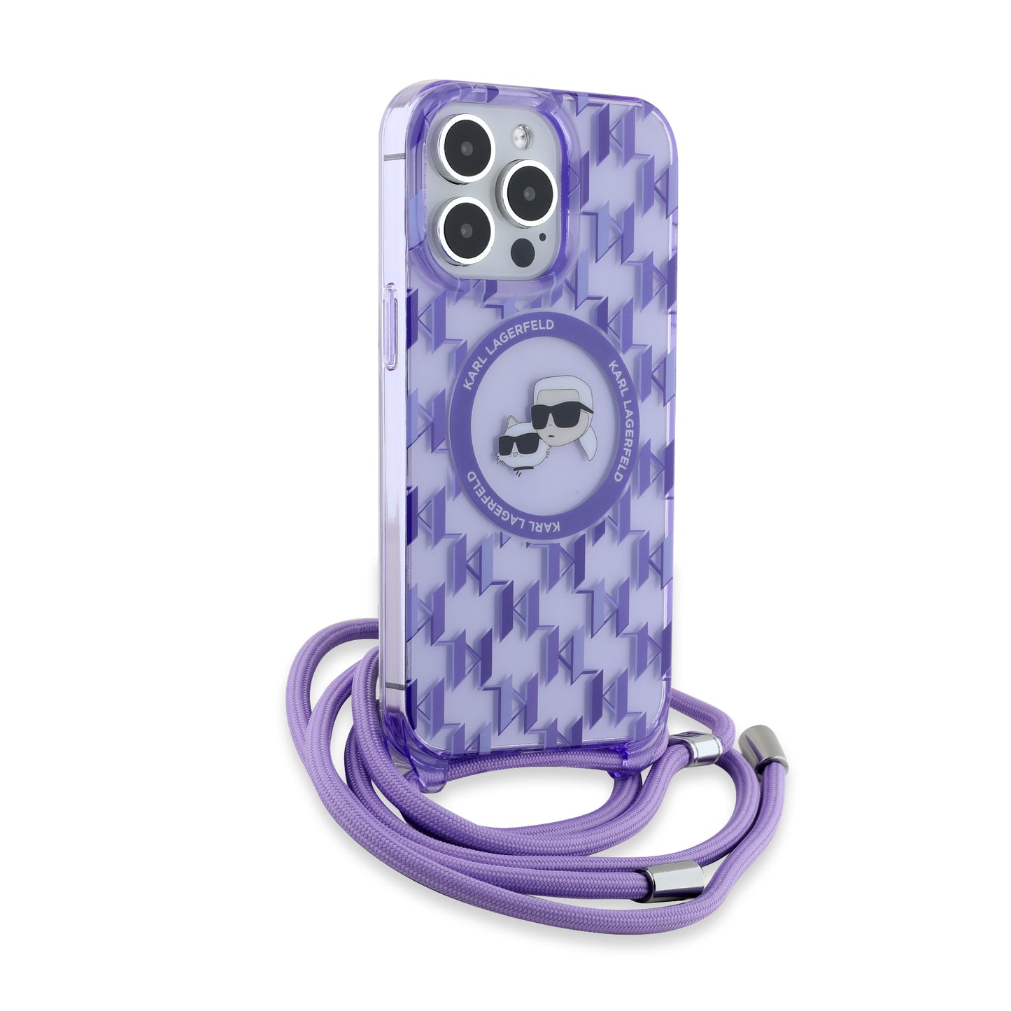 Funda MagSafe para Apple iPhone 15 Pro, Karl Lagerfeld, IML Crossbody Monogram Karl & Choupette's Heads, Morado