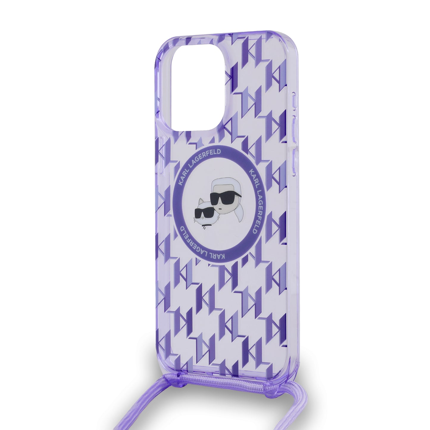 Funda MagSafe para Apple iPhone 15 Pro, Karl Lagerfeld, IML Crossbody Monogram Karl & Choupette's Heads, Morado