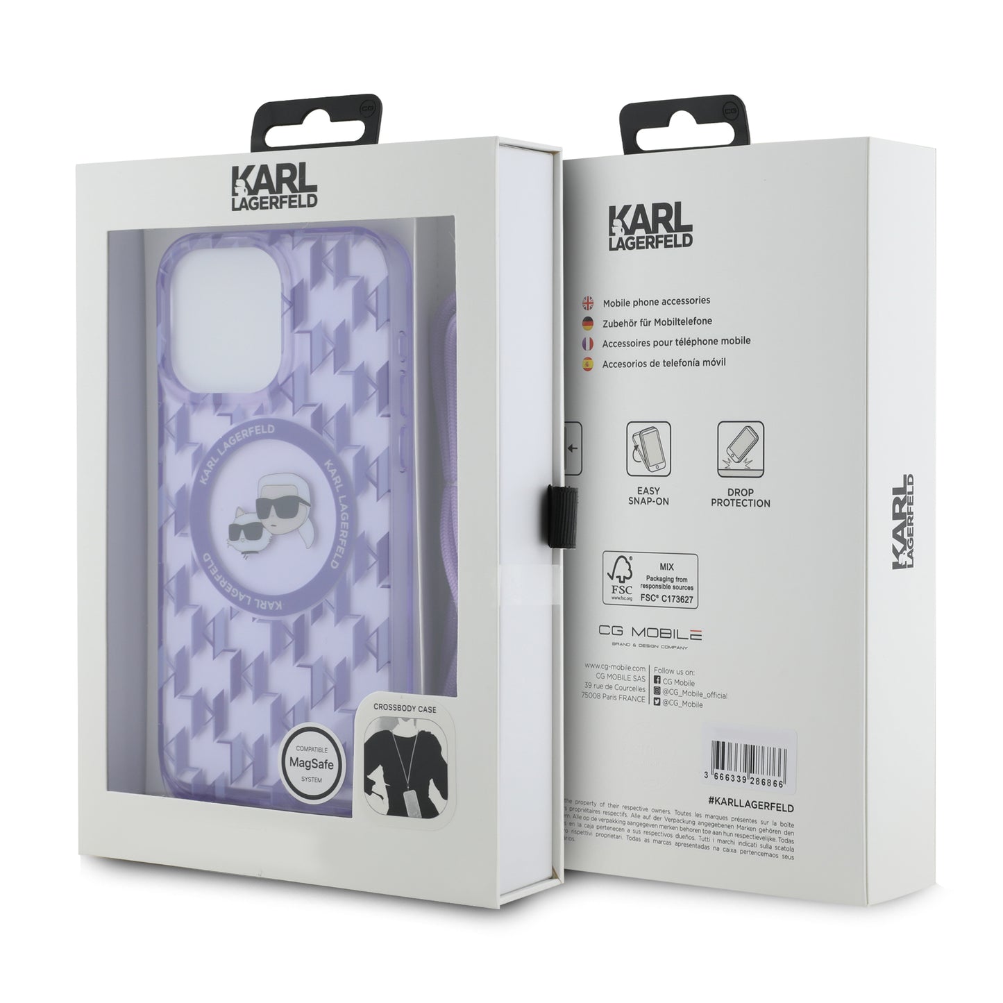 Funda MagSafe para Apple iPhone 15 Pro, Karl Lagerfeld, IML Crossbody Monogram Karl & Choupette's Heads, Morado