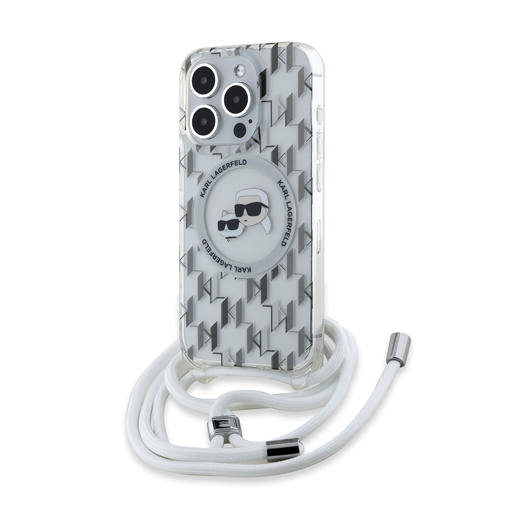Funda MagSafe para Apple iPhone 15 Pro, Karl Lagerfeld, IML Crossbody Monogram Karl & Choupette's Heads, Transparente