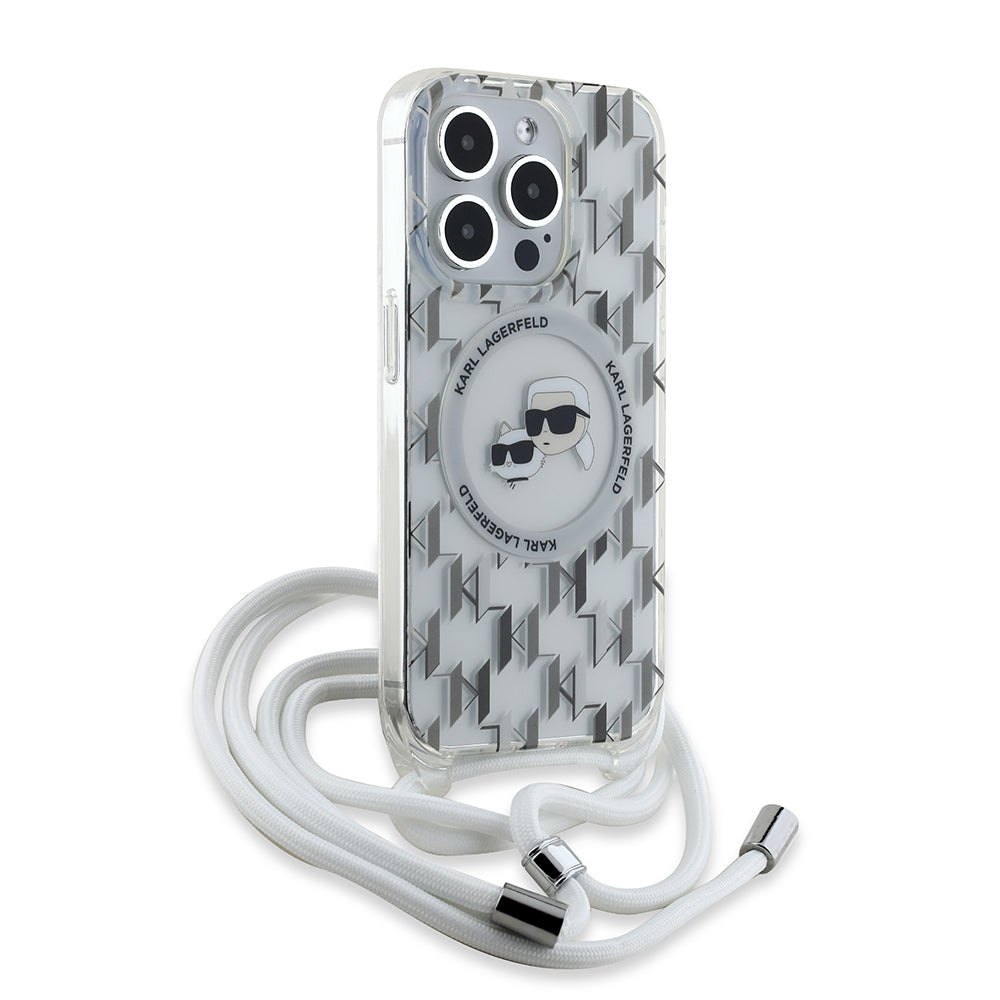 Funda MagSafe para Apple iPhone 15 Pro, Karl Lagerfeld, IML Crossbody Monogram Karl & Choupette's Heads, Transparente