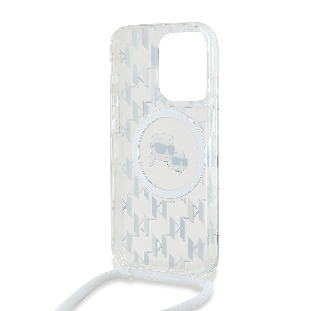 Funda MagSafe para Apple iPhone 15 Pro, Karl Lagerfeld, IML Crossbody Monogram Karl & Choupette's Heads, Transparente