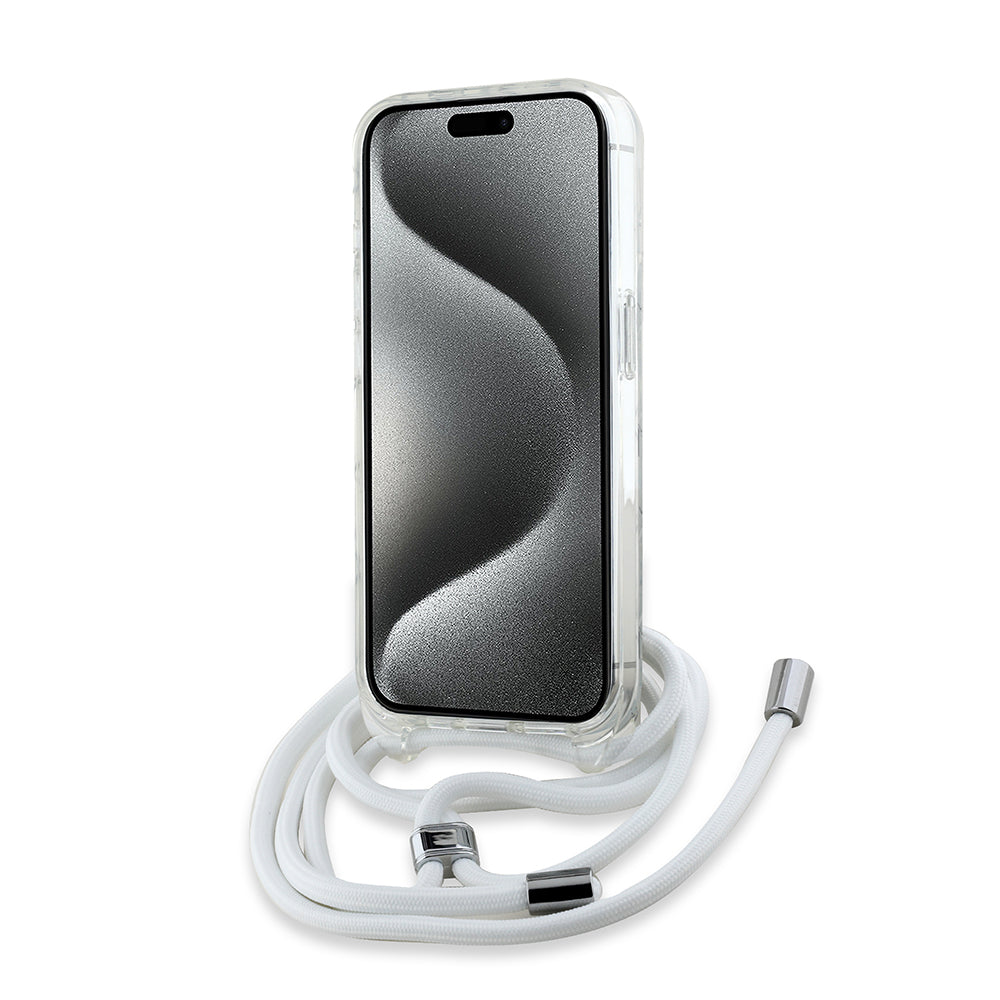 Funda MagSafe para Apple iPhone 15 Pro, Karl Lagerfeld, IML Crossbody Monogram Karl & Choupette's Heads, Transparente