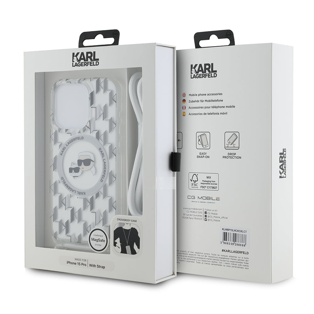 Funda MagSafe para Apple iPhone 15 Pro, Karl Lagerfeld, IML Crossbody Monogram Karl & Choupette's Heads, Transparente