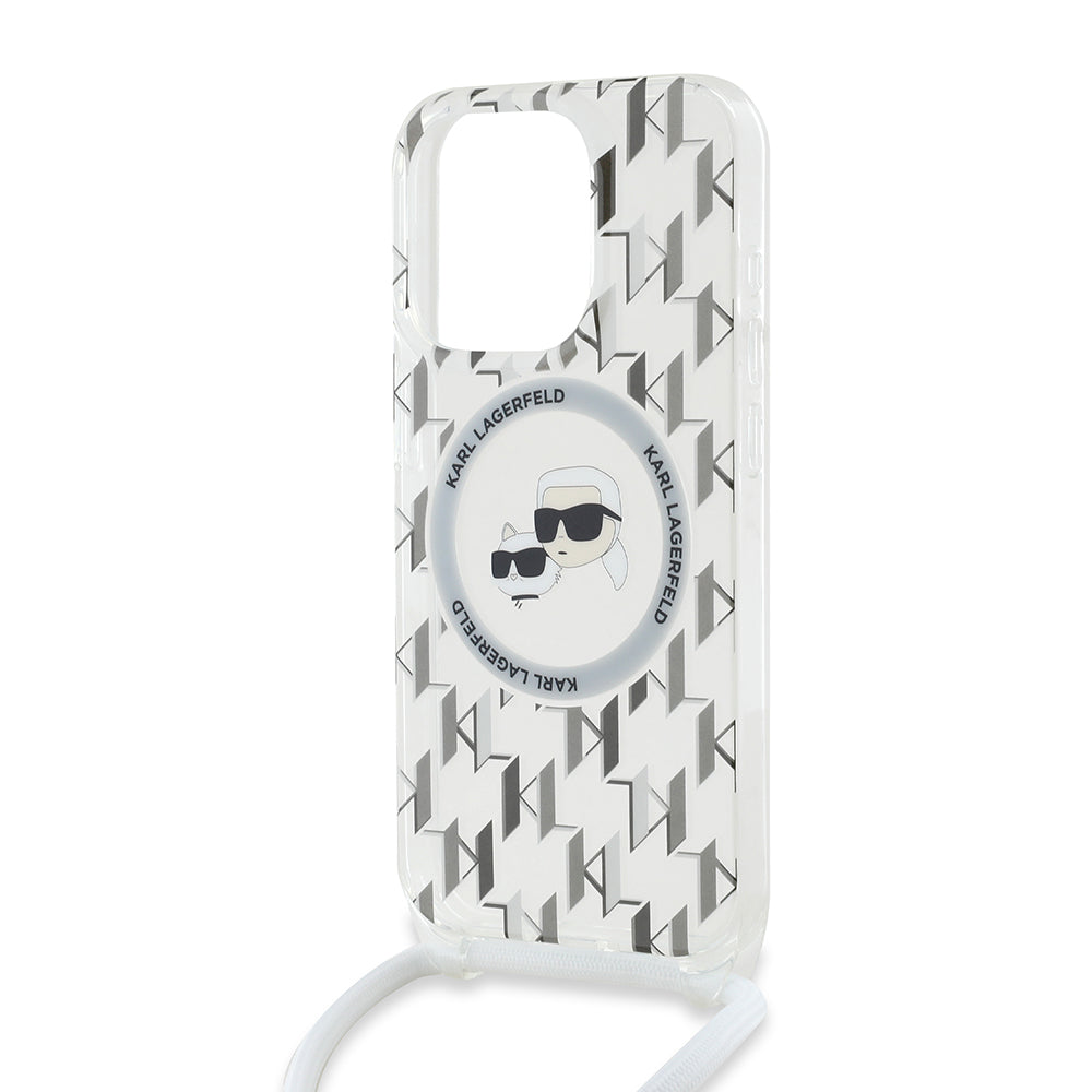 Funda MagSafe para Apple iPhone 15 Pro, Karl Lagerfeld, IML Crossbody Monogram Karl & Choupette's Heads, Transparente