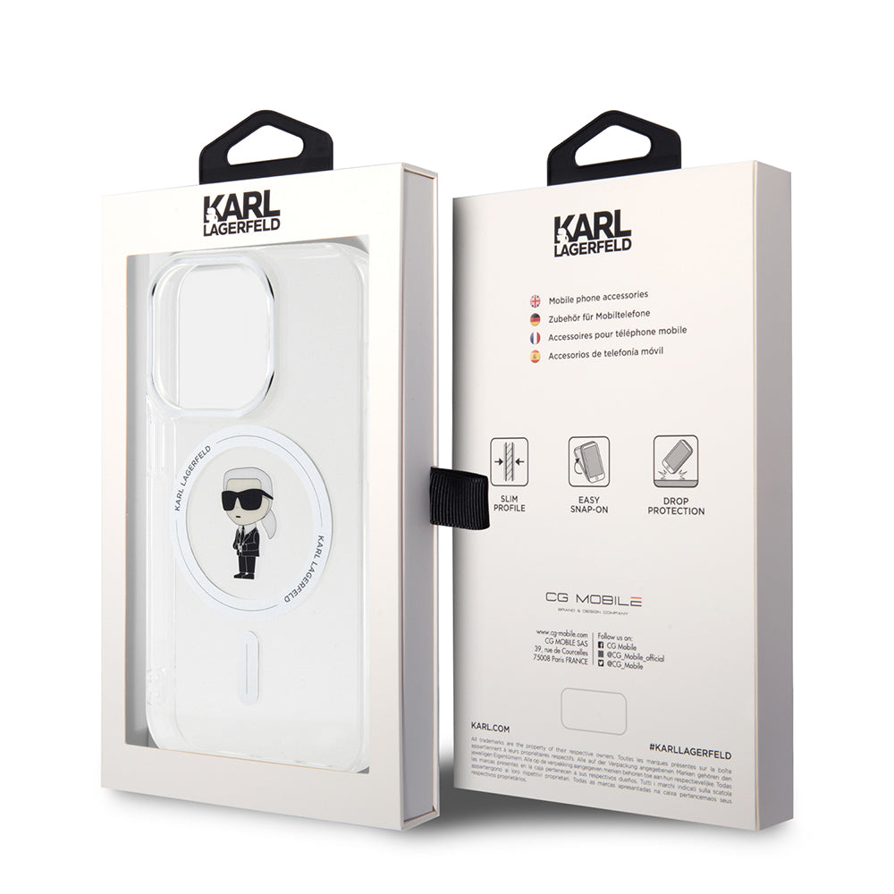 Funda MagSafe para Apple iPhone 15 Pro, Karl Lagerfeld, IML Ikonik Karl, Transparente