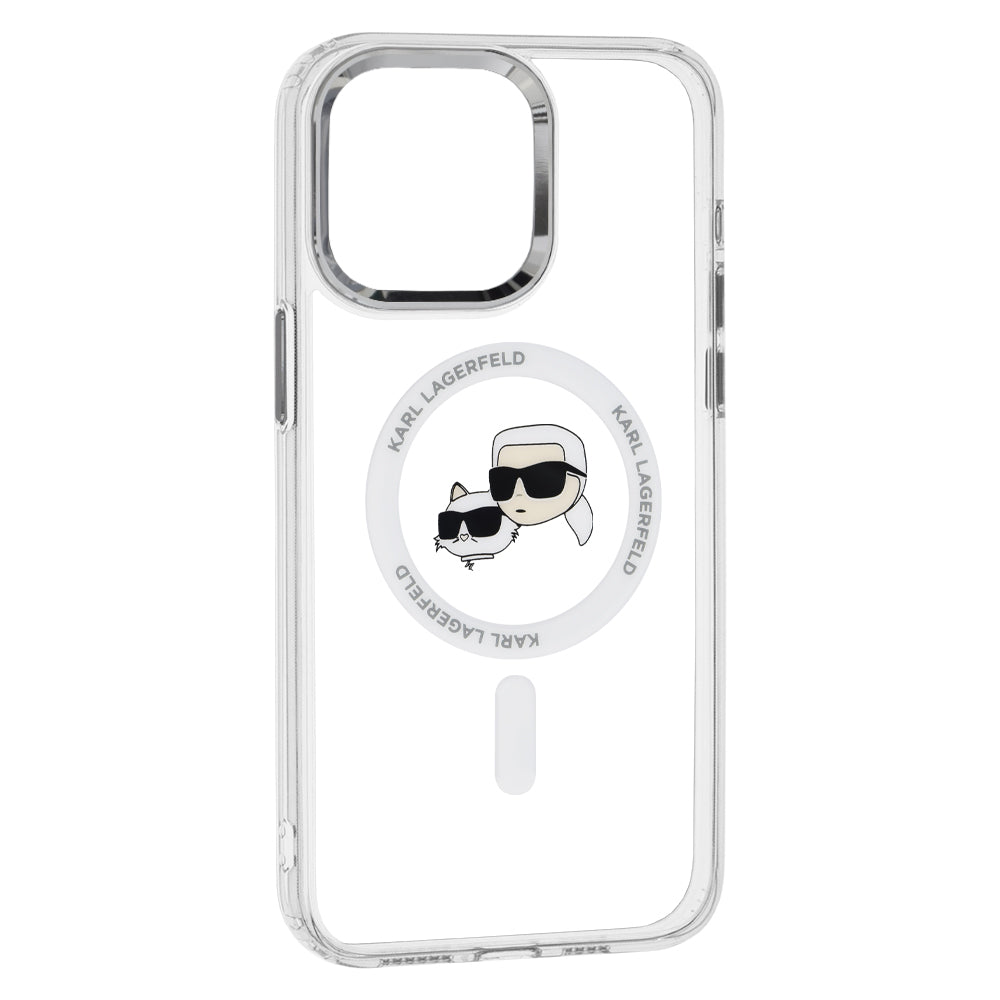 Funda MagSafe para Apple iPhone 15 Pro, Karl Lagerfeld, IML Metal Karl & Choupette's Heads, Blanca.