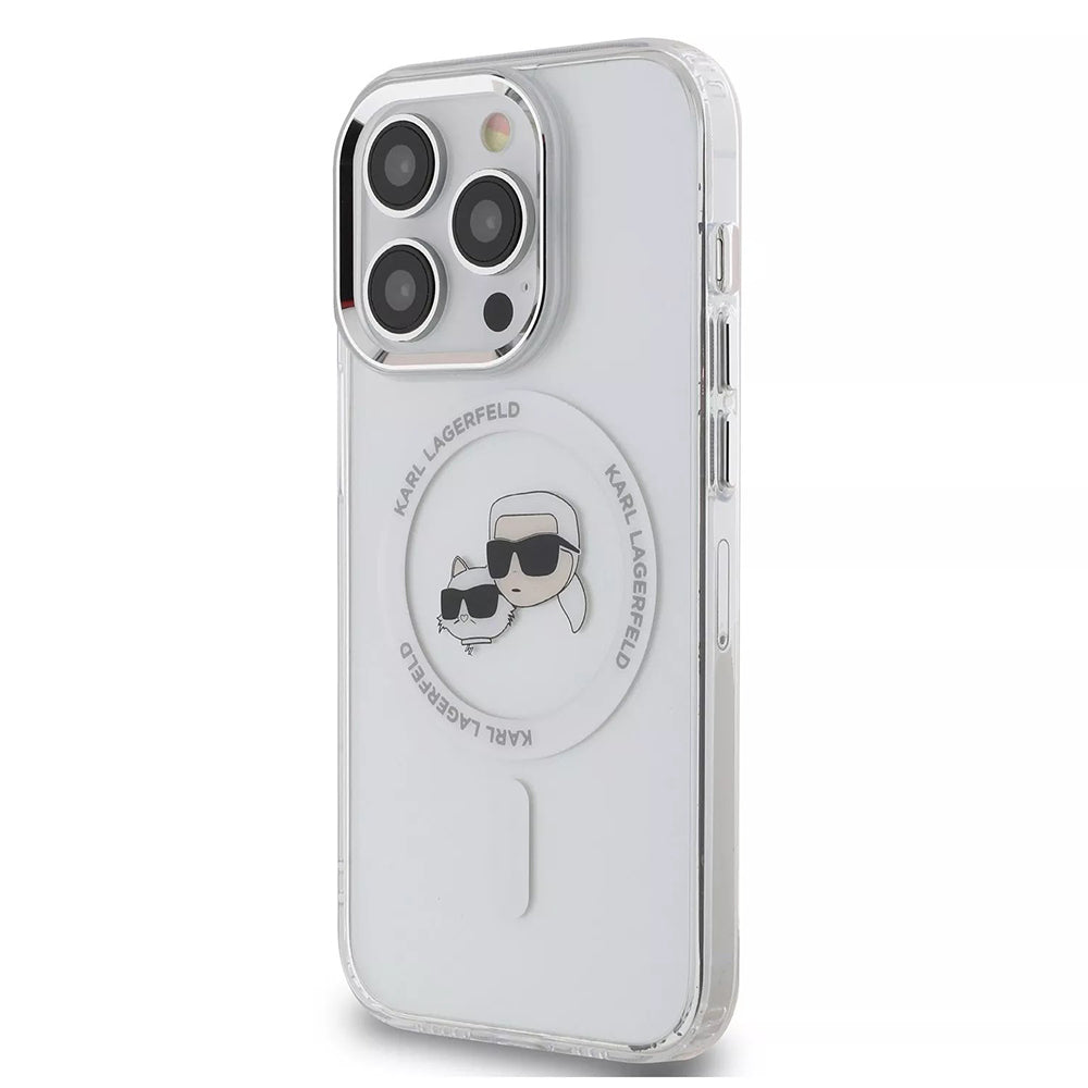 Funda MagSafe para Apple iPhone 15 Pro, Karl Lagerfeld, IML Metal Karl & Choupette's Heads, Blanca.