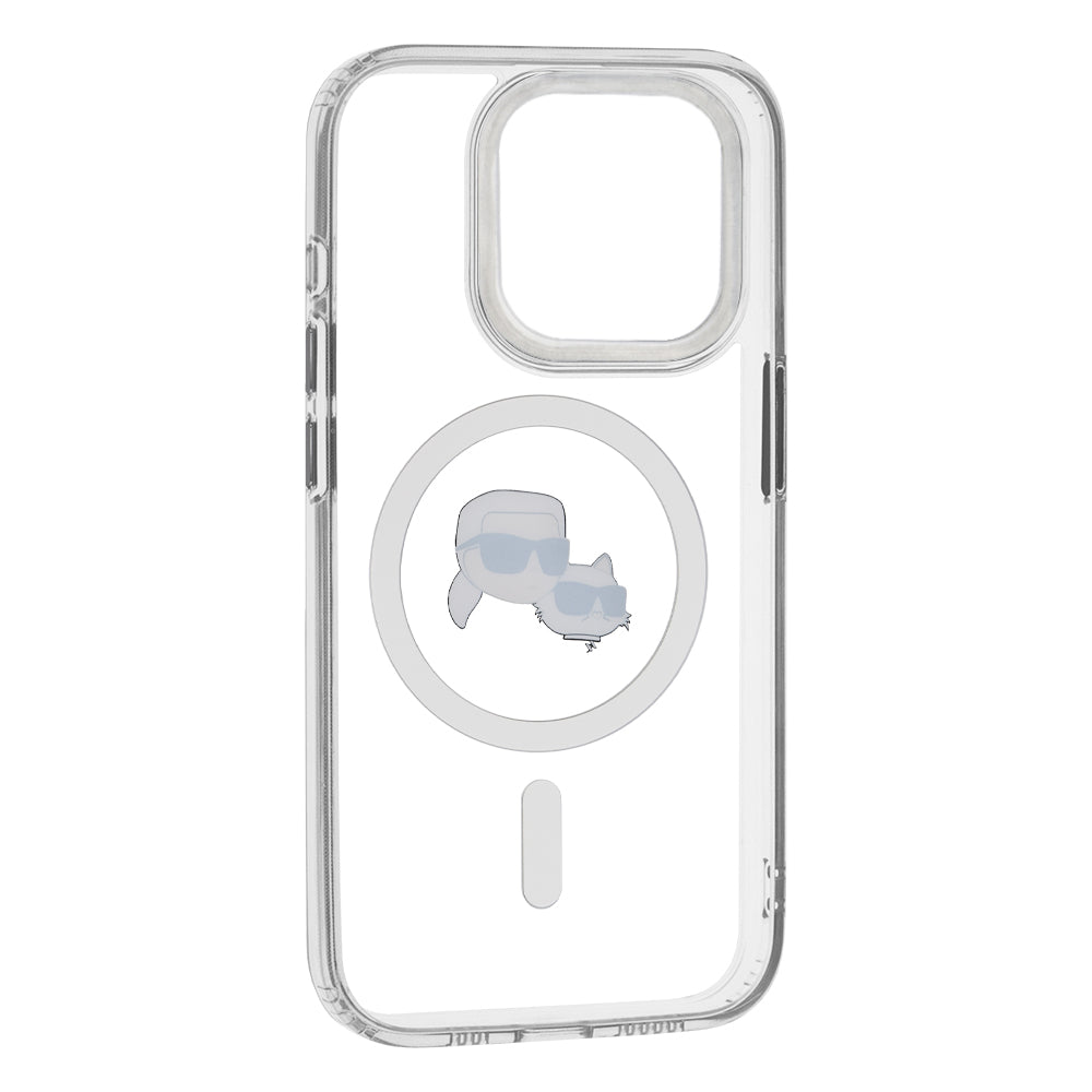 Funda MagSafe para Apple iPhone 15 Pro, Karl Lagerfeld, IML Metal Karl & Choupette's Heads, Blanca.