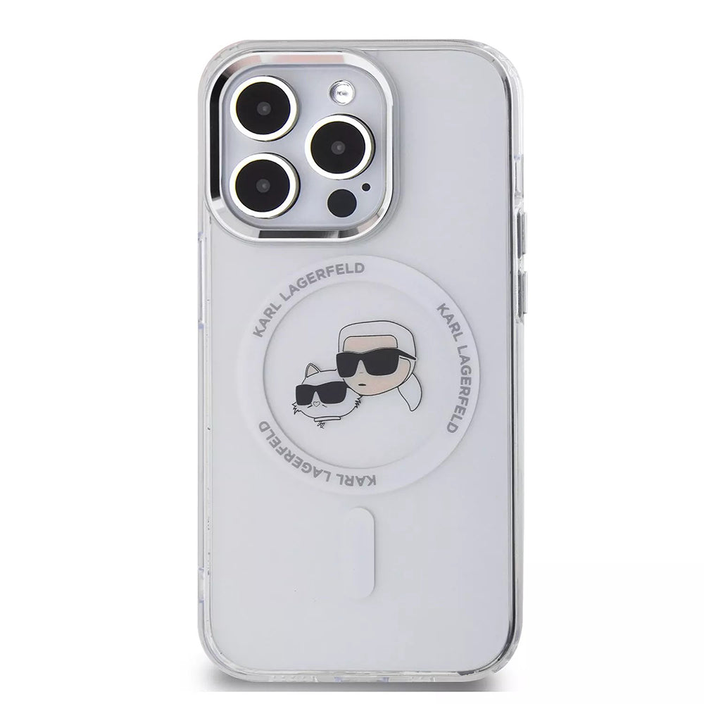 Funda MagSafe para Apple iPhone 15 Pro, Karl Lagerfeld, IML Metal Karl & Choupette's Heads, Blanca.