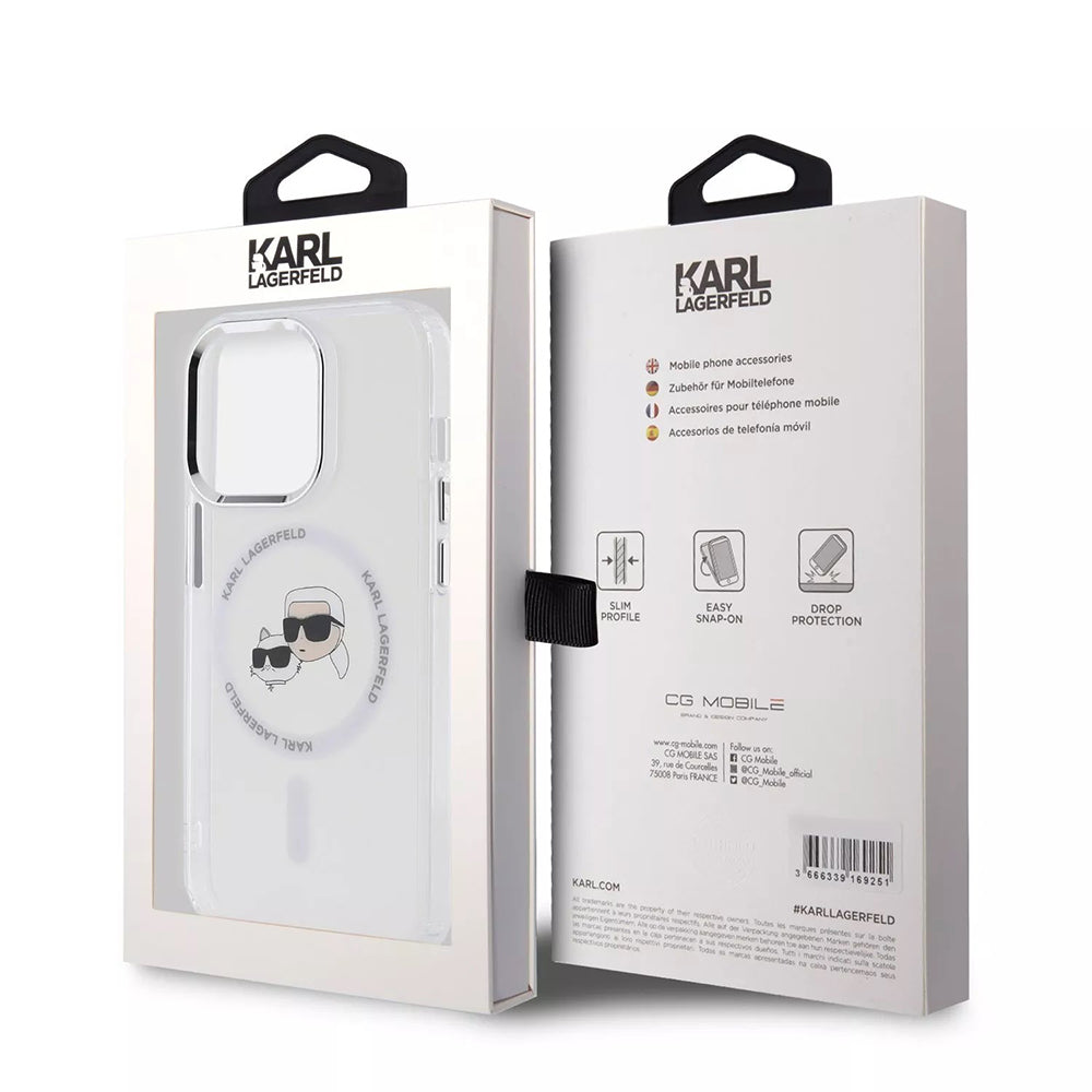 Funda MagSafe para Apple iPhone 15 Pro, Karl Lagerfeld, IML Metal Karl & Choupette's Heads, Blanca.