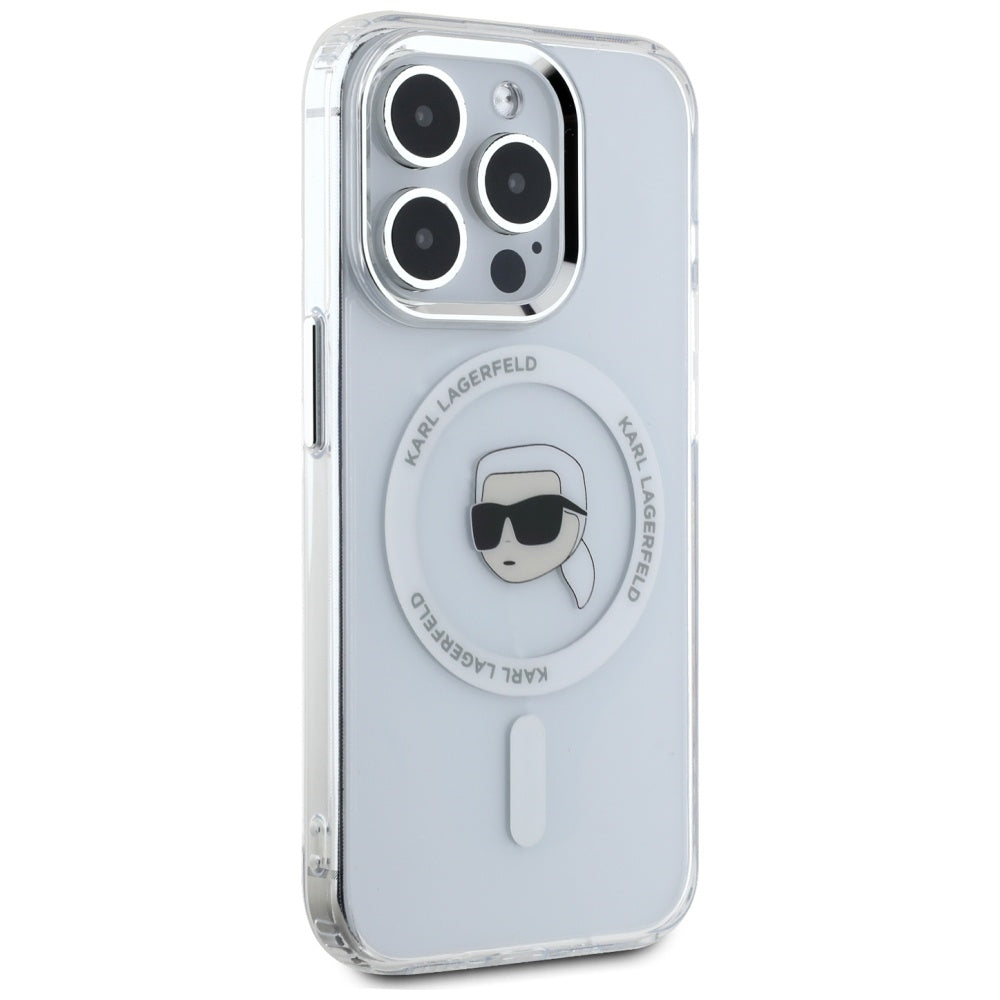 Funda MagSafe para Apple iPhone 15 Pro, Karl Lagerfeld, IML Metal Karl's Head, Blanca