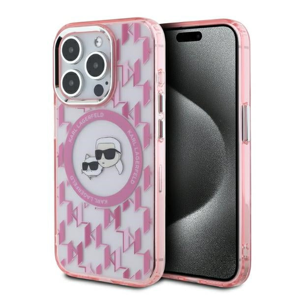 Funda MagSafe para Apple iPhone 15 Pro, Karl Lagerfeld, IML Monogram Karl & Choupette's Heads, Rosa