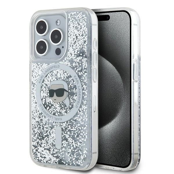 Funda MagSafe para Apple iPhone 15 Pro, Karl Lagerfeld, Liquid Glitter Karl's Head, Transparente