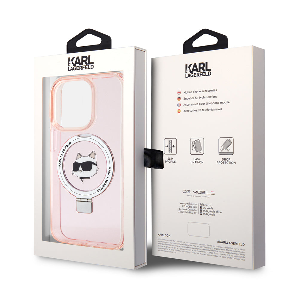 Funda MagSafe para Apple iPhone 15 Pro, Karl Lagerfeld, Ring Stand Choupette's Head, Rosa