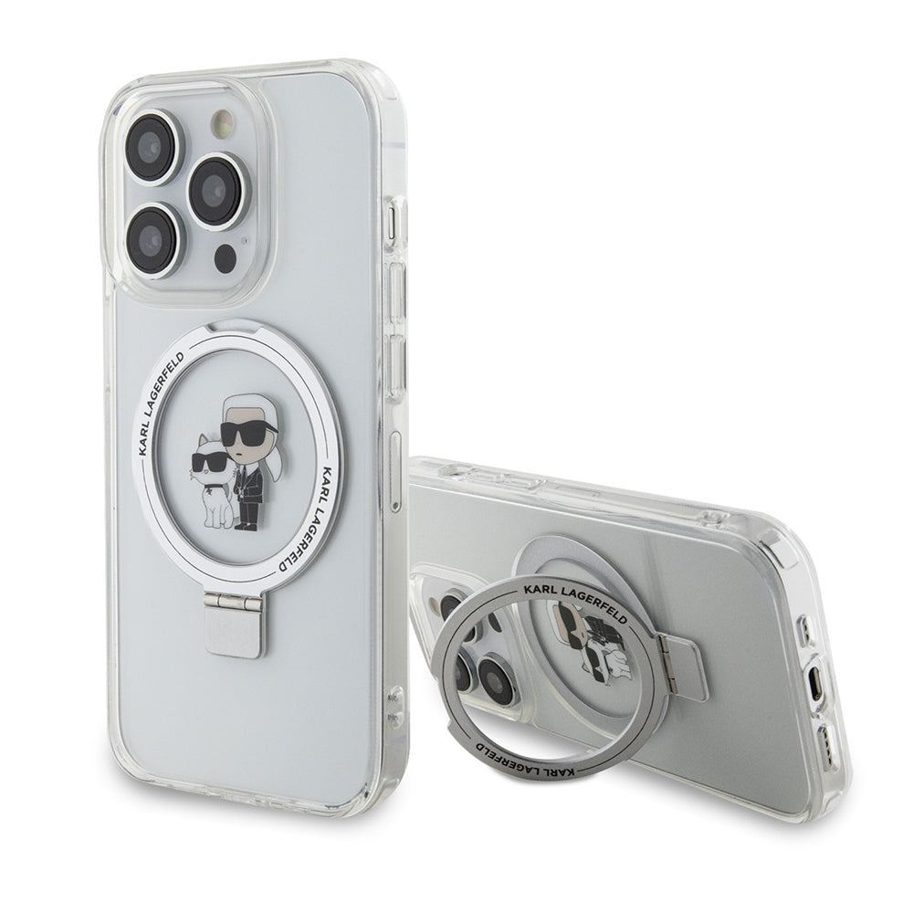 Funda MagSafe para Apple iPhone 15 Pro, Karl Lagerfeld, Ring Stand Karl & Choupette, Blanca
