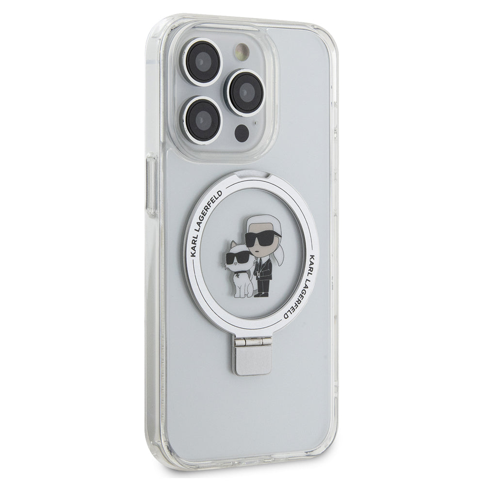 Funda MagSafe para Apple iPhone 15 Pro, Karl Lagerfeld, Ring Stand Karl & Choupette, Blanca