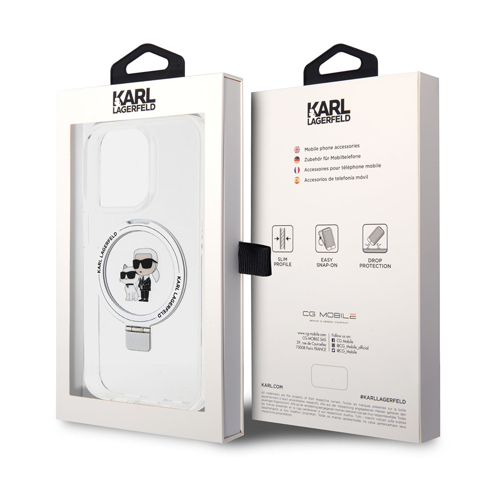 Funda MagSafe para Apple iPhone 15 Pro, Karl Lagerfeld, Ring Stand Karl & Choupette, Blanca