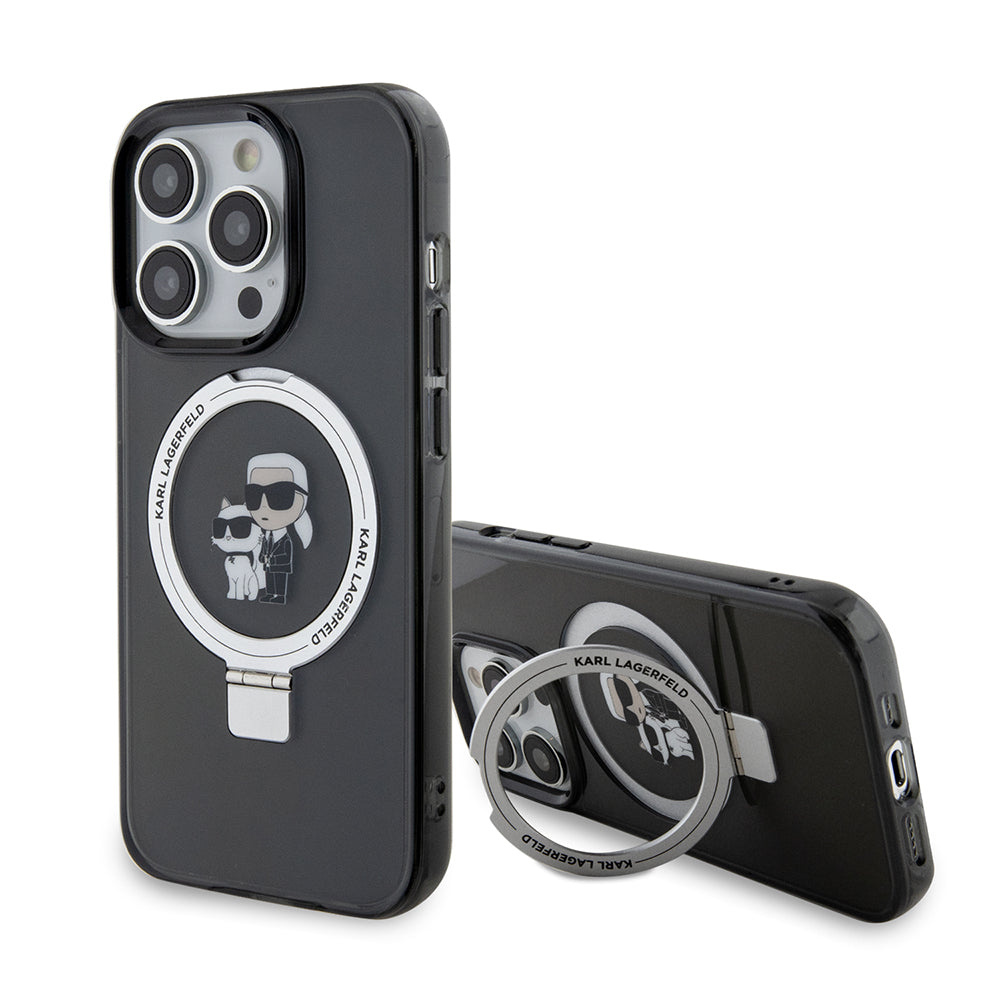 MagSafe Case for Apple iPhone 15 Pro, Karl Lagerfeld, Ring Stand Karl & Choupette, Black