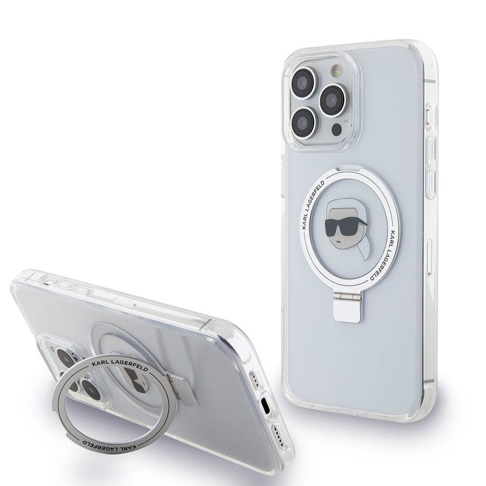 Funda MagSafe para Apple iPhone 15 Pro, Karl Lagerfeld, Ring Stand Karl's Head, Blanca