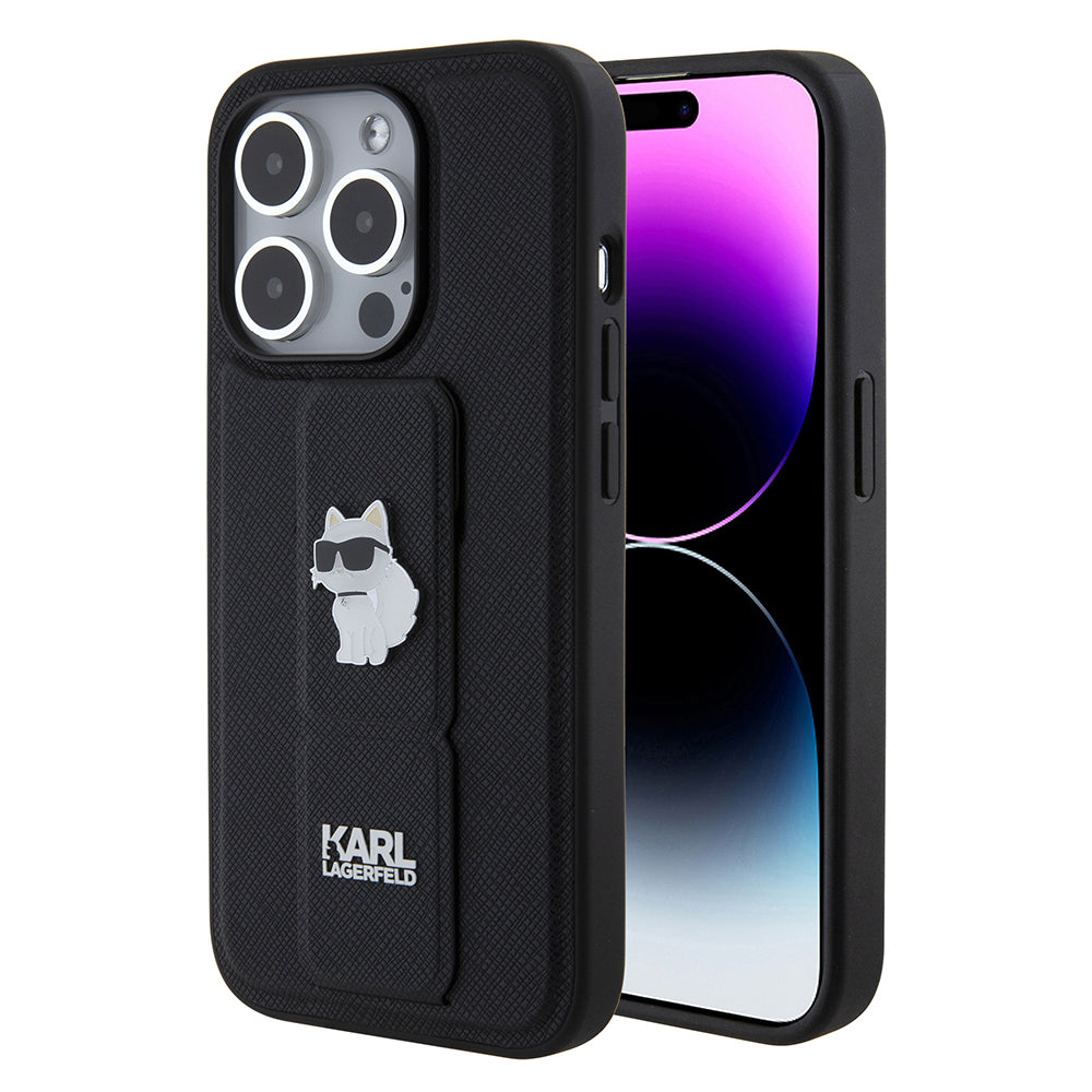 Funda MagSafe para Apple iPhone 15 Pro, Karl Lagerfeld, Saffiano Gripstand Choupette, Negra