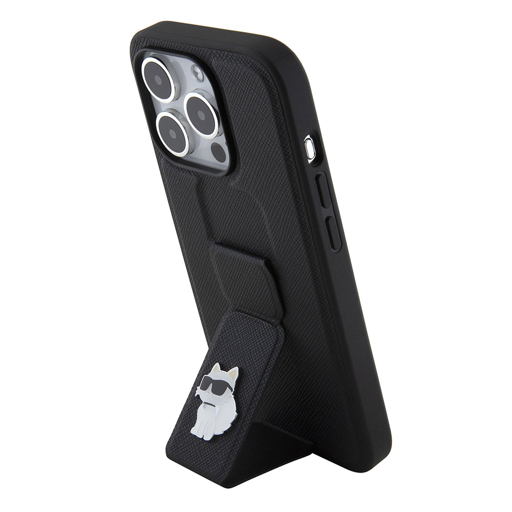 Funda MagSafe para Apple iPhone 15 Pro, Karl Lagerfeld, Saffiano Gripstand Choupette, Negra