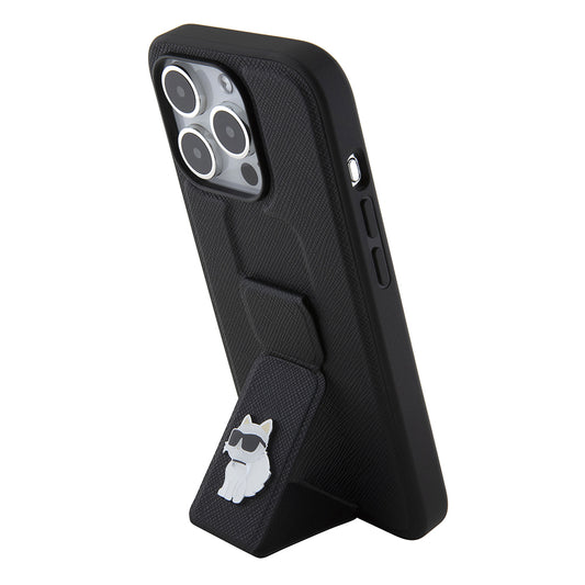 Funda MagSafe para Apple iPhone 15 Pro, Karl Lagerfeld, Saffiano Gripstand Choupette, Negra