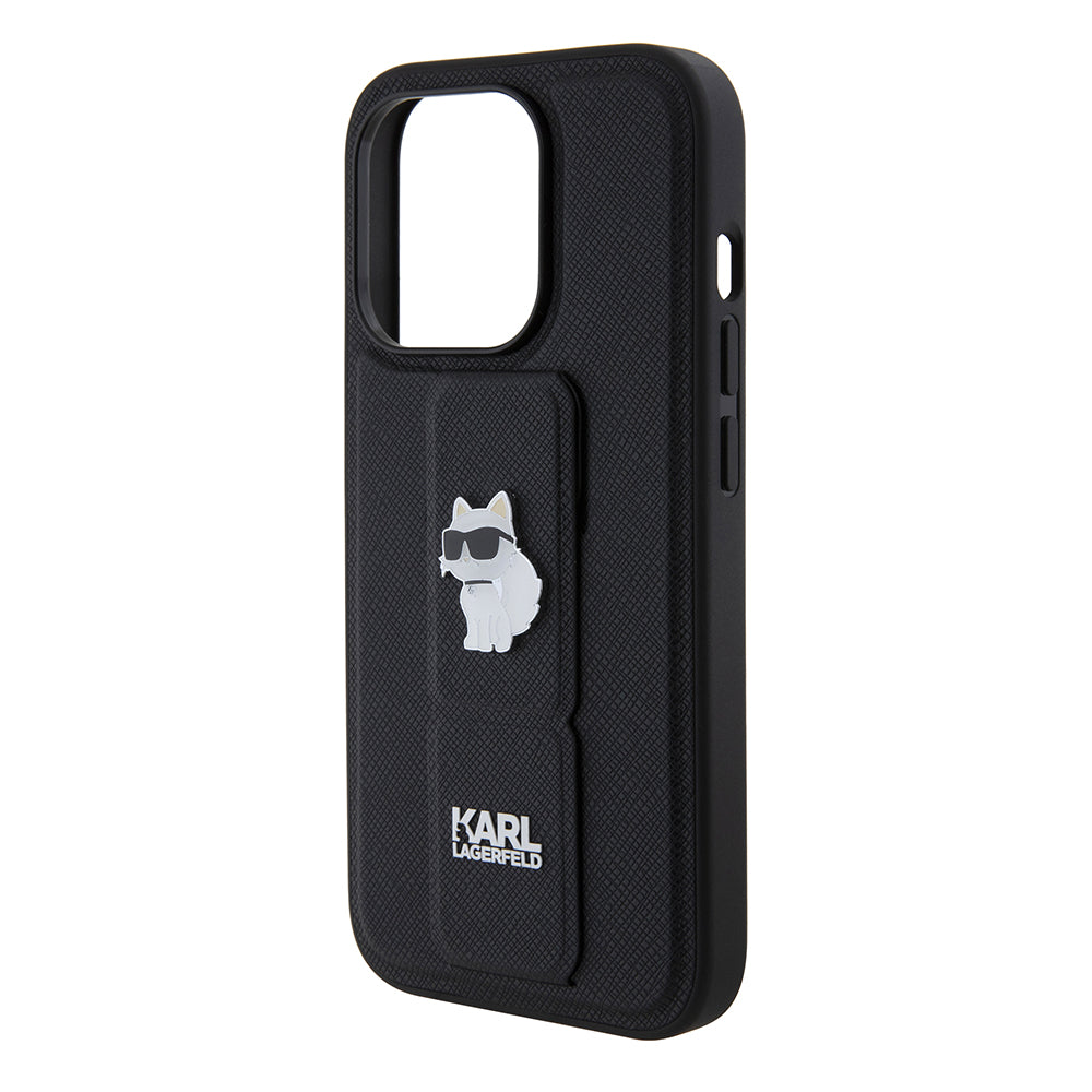 Funda MagSafe para Apple iPhone 15 Pro, Karl Lagerfeld, Saffiano Gripstand Choupette, Negra