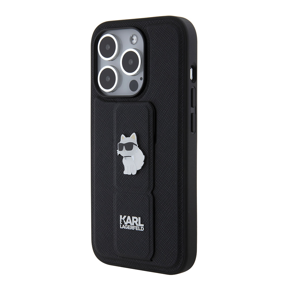 Funda MagSafe para Apple iPhone 15 Pro, Karl Lagerfeld, Saffiano Gripstand Choupette, Negra