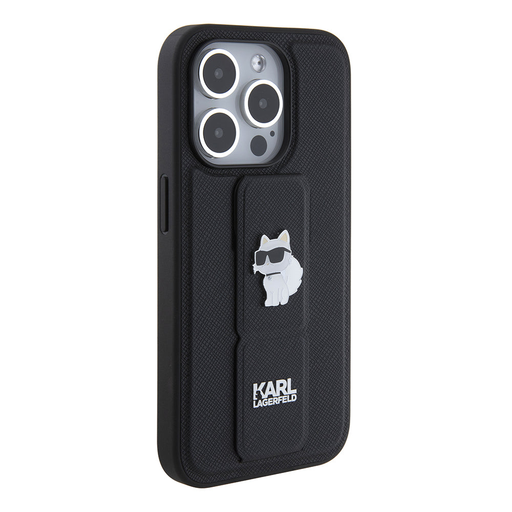 Funda MagSafe para Apple iPhone 15 Pro, Karl Lagerfeld, Saffiano Gripstand Choupette, Negra
