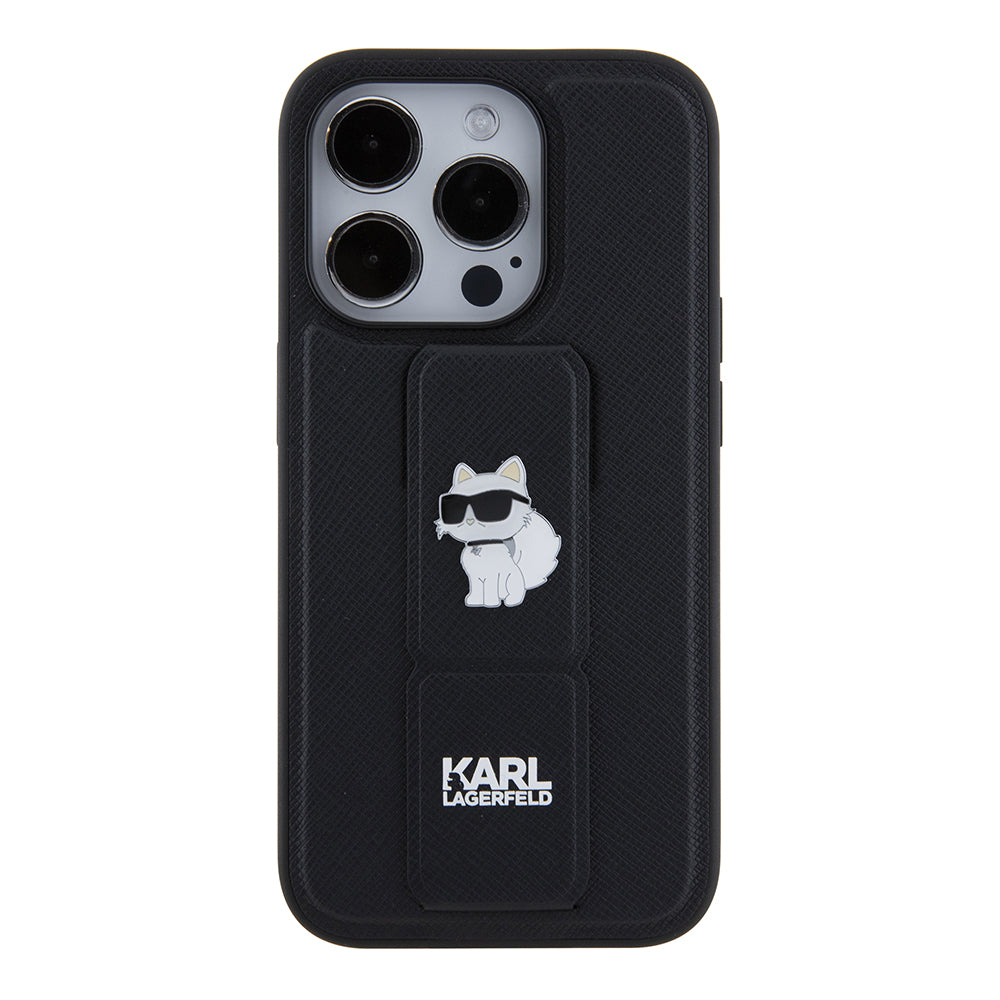 Funda MagSafe para Apple iPhone 15 Pro, Karl Lagerfeld, Saffiano Gripstand Choupette, Negra