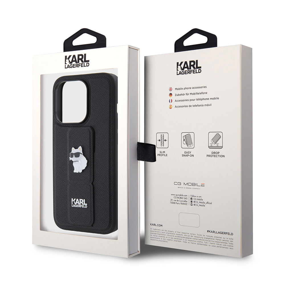 Funda MagSafe para Apple iPhone 15 Pro, Karl Lagerfeld, Saffiano Gripstand Choupette, Negra