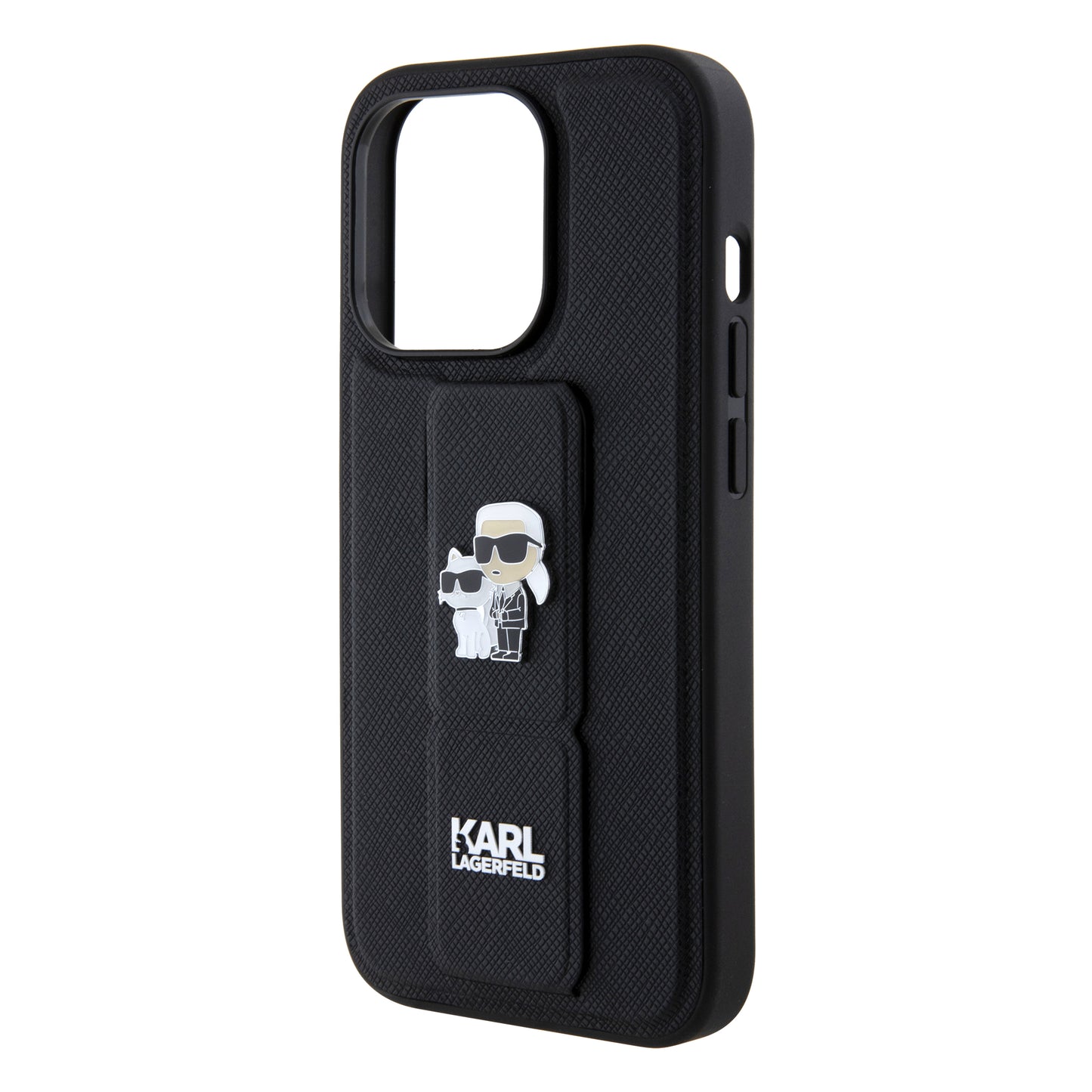 MagSafe Case for Apple iPhone 15 Pro, Karl Lagerfeld, Saffiano Gripstand Karl & Choupette, Black