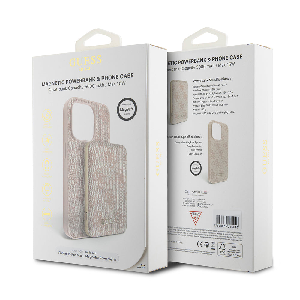 Funda MagSafe para Apple iPhone 15 Pro Max, Guess, Powerbank 4G Metal Logo, Rosa.