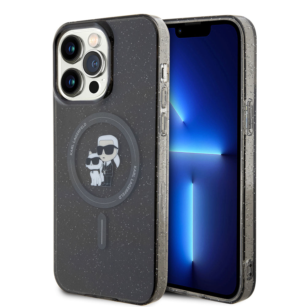 Funda MagSafe para Apple iPhone 15 Pro Max, Karl Lagerfeld, Glitter Karl & Choupette, Negra