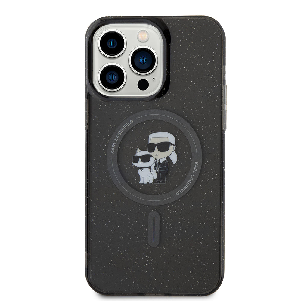 Funda MagSafe para Apple iPhone 15 Pro Max, Karl Lagerfeld, Glitter Karl & Choupette, Negra
