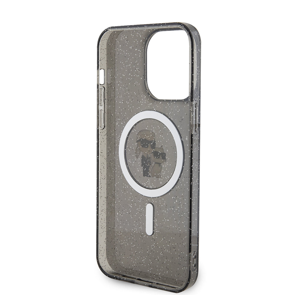 Funda MagSafe para Apple iPhone 15 Pro Max, Karl Lagerfeld, Glitter Karl & Choupette, Negra