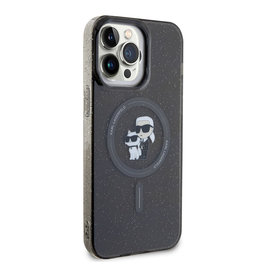Funda MagSafe para Apple iPhone 15 Pro Max, Karl Lagerfeld, Glitter Karl & Choupette, Negra