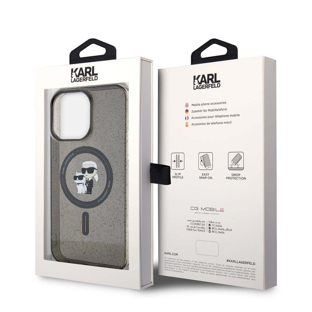 Funda MagSafe para Apple iPhone 15 Pro Max, Karl Lagerfeld, Glitter Karl & Choupette, Negra