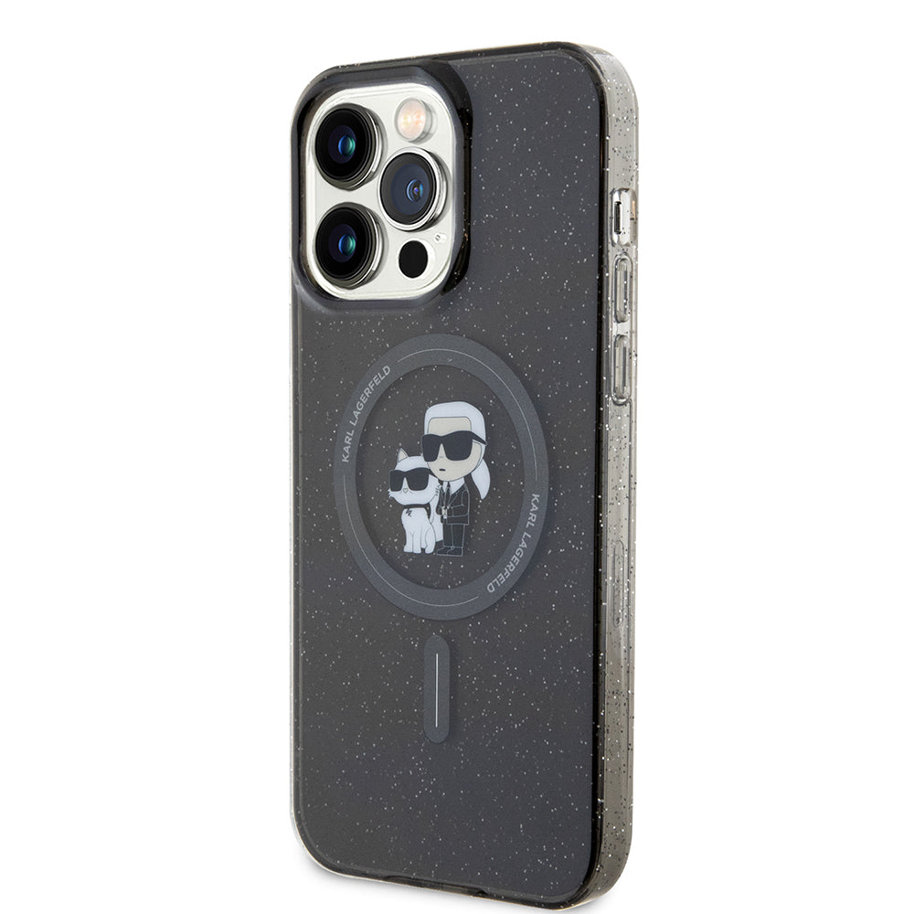 Funda MagSafe para Apple iPhone 15 Pro Max, Karl Lagerfeld, Glitter Karl & Choupette, Negra