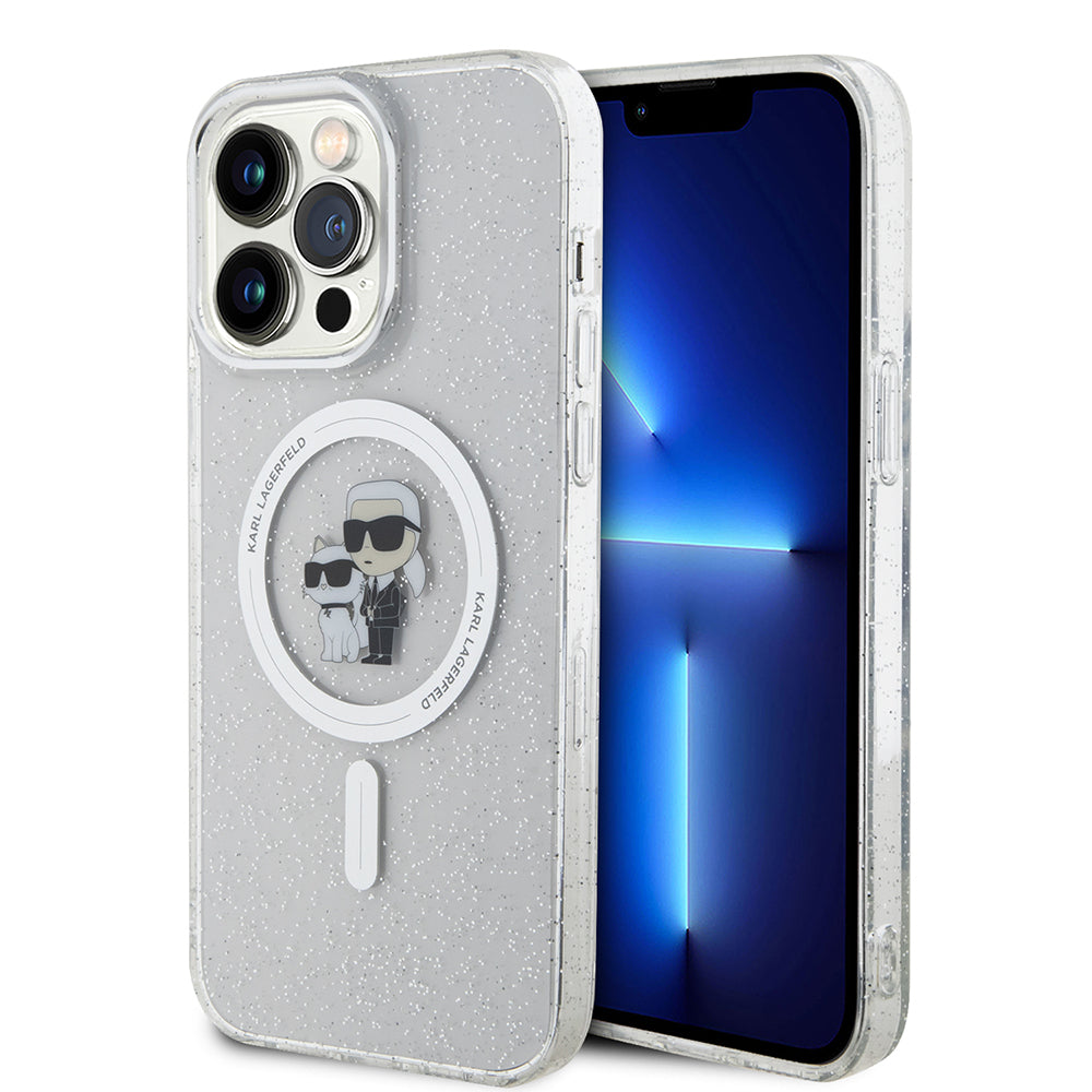 Funda MagSafe para Apple iPhone 15 Pro Max, Karl Lagerfeld, Glitter Karl & Choupette, Transparente