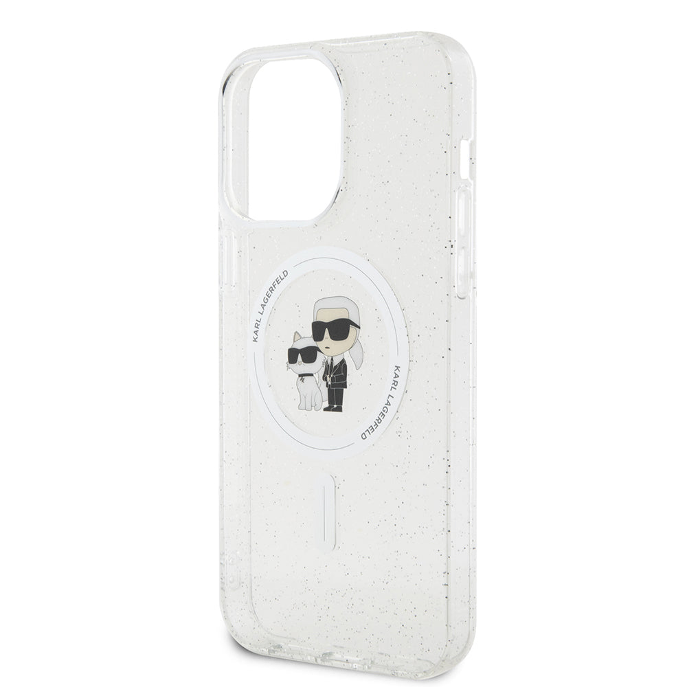 Funda MagSafe para Apple iPhone 15 Pro Max, Karl Lagerfeld, Glitter Karl & Choupette, Transparente