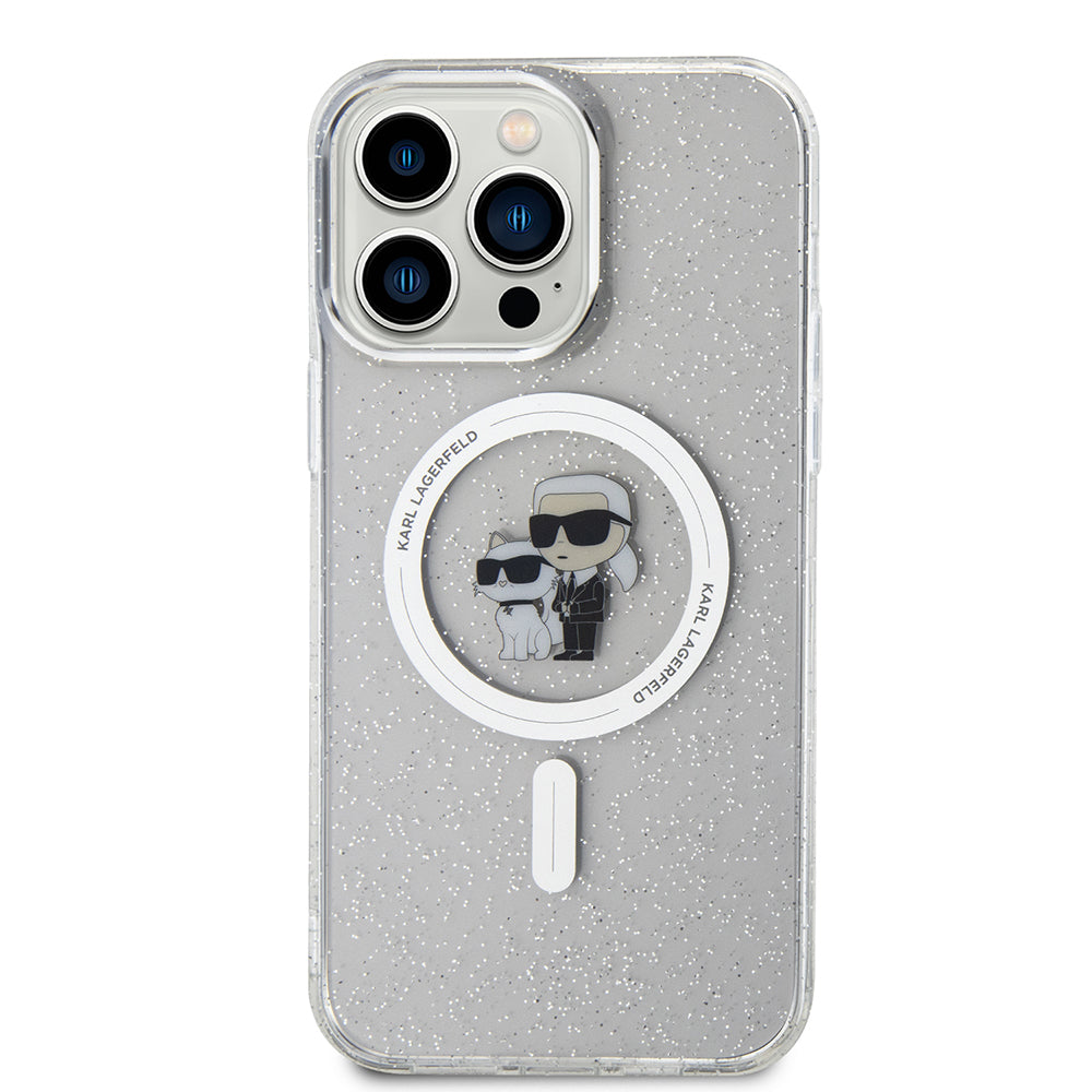 Funda MagSafe para Apple iPhone 15 Pro Max, Karl Lagerfeld, Glitter Karl & Choupette, Transparente