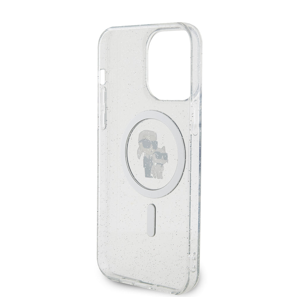 Funda MagSafe para Apple iPhone 15 Pro Max, Karl Lagerfeld, Glitter Karl & Choupette, Transparente