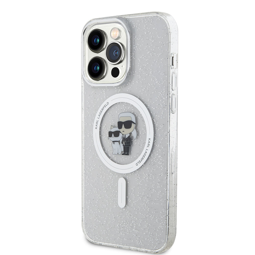 Funda MagSafe para Apple iPhone 15 Pro Max, Karl Lagerfeld, Glitter Karl & Choupette, Transparente