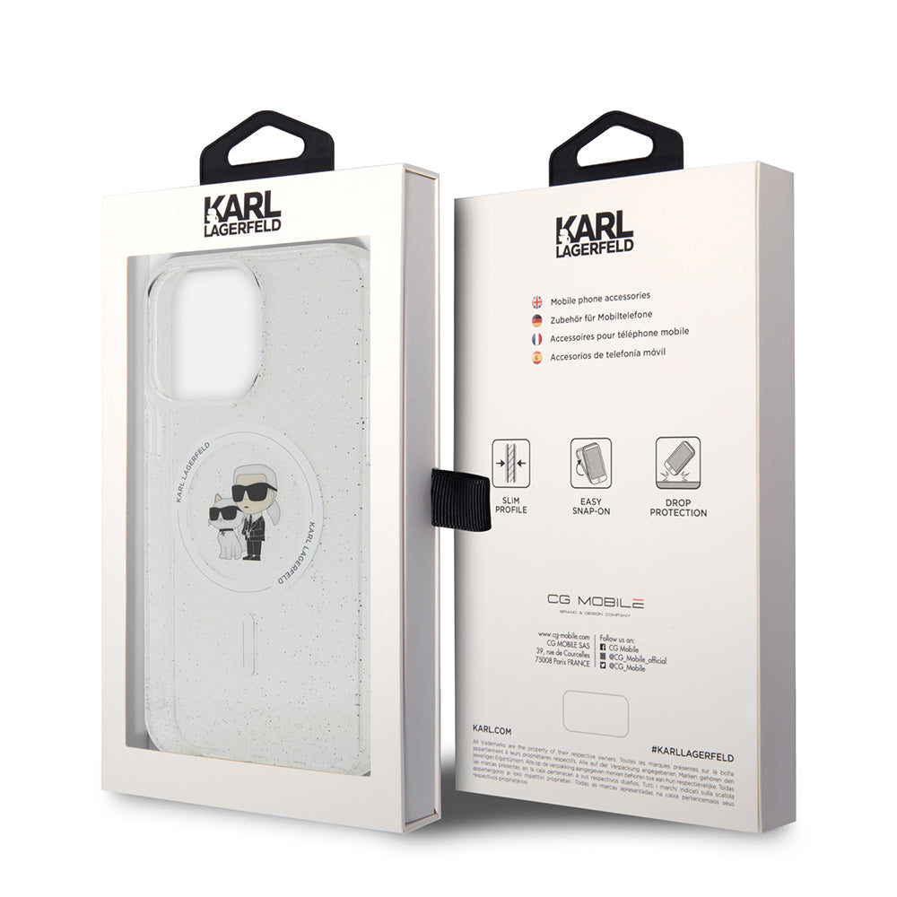 Funda MagSafe para Apple iPhone 15 Pro Max, Karl Lagerfeld, Glitter Karl & Choupette, Transparente
