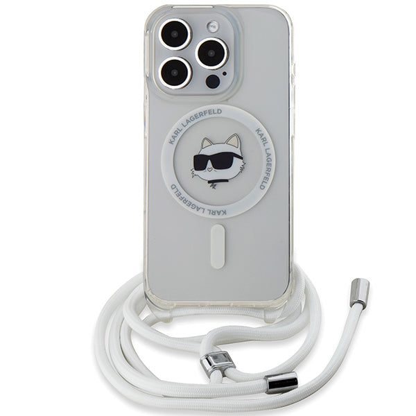 Funda MagSafe para Apple iPhone 15 Pro Max, Karl Lagerfeld, IML Crossbody Choupette's Head with Strap, Transparente